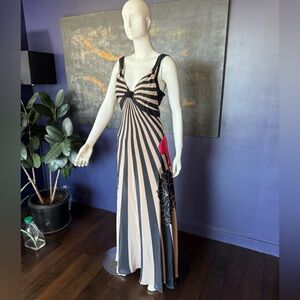 Temperly London Chic Black and Cream Striped Maxi Dress